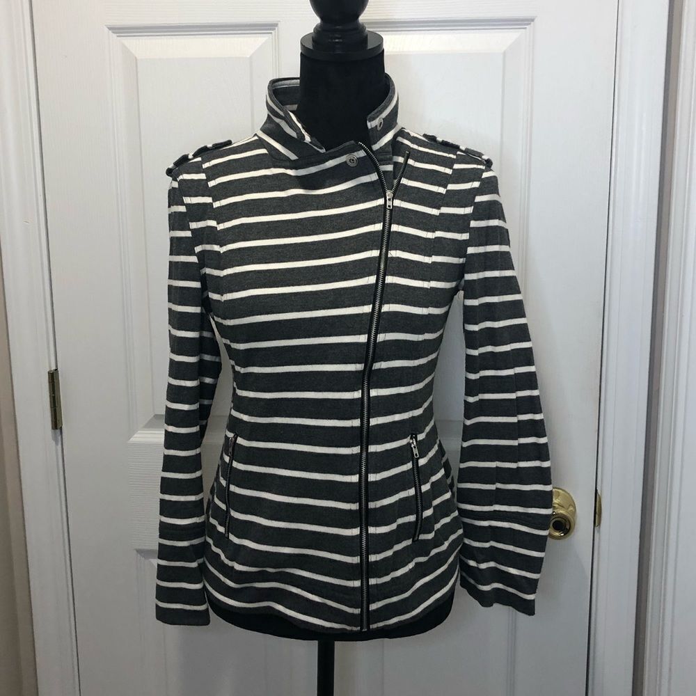 Market & Spruce gray and white striped zip front jacket size medium - Picture 1 of 15